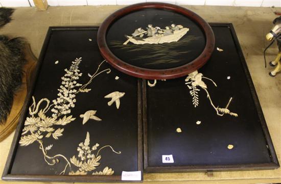 Pair Japanese bone and lacquer panels and another